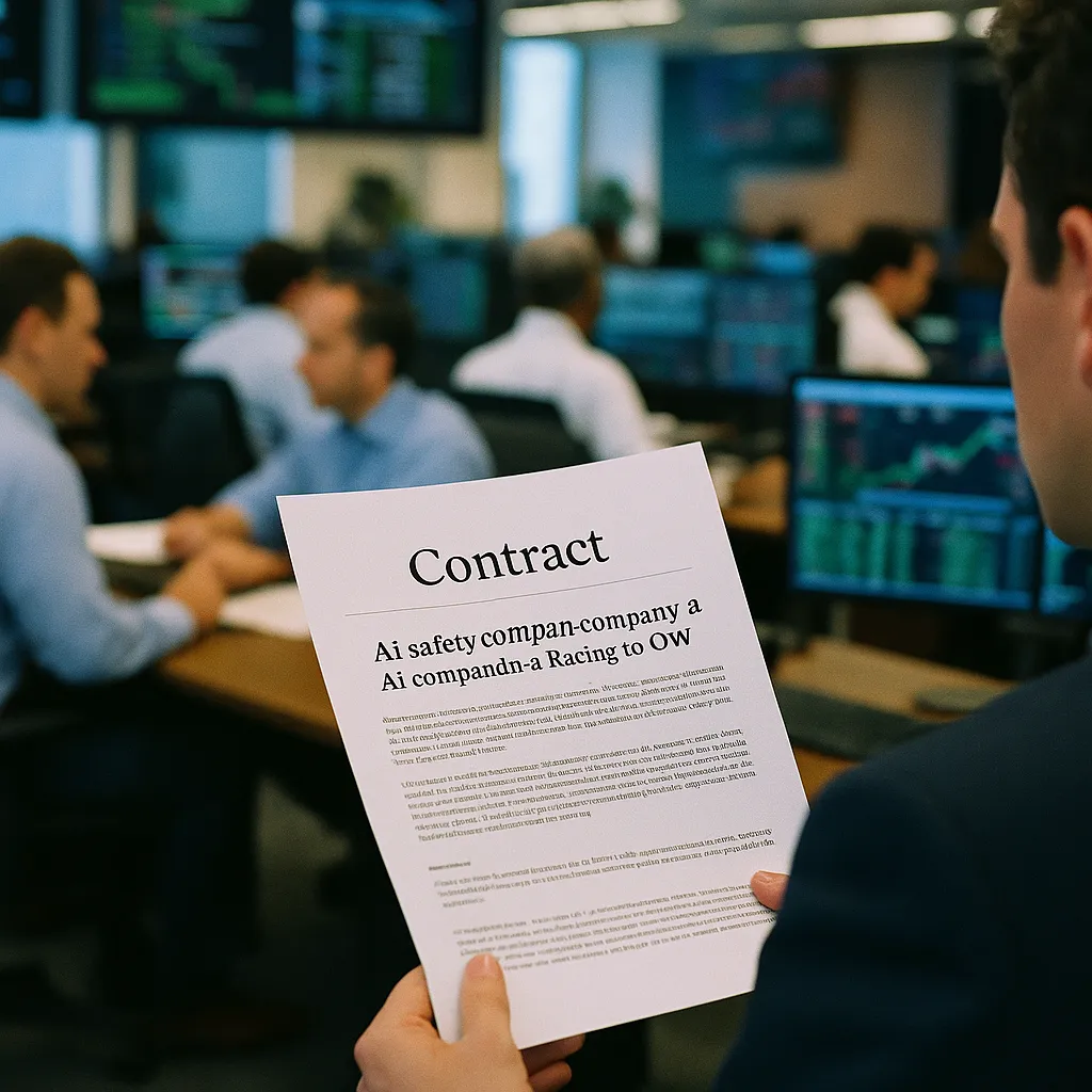A financial trading floor featuring contract, document, related to an AI safety company and a major AI company Are Racing to Ow