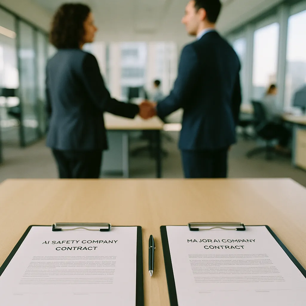 A modern corporate office featuring contracts, related to an AI safety company and a major AI company Both Launch Join from an unusual angle or perspective