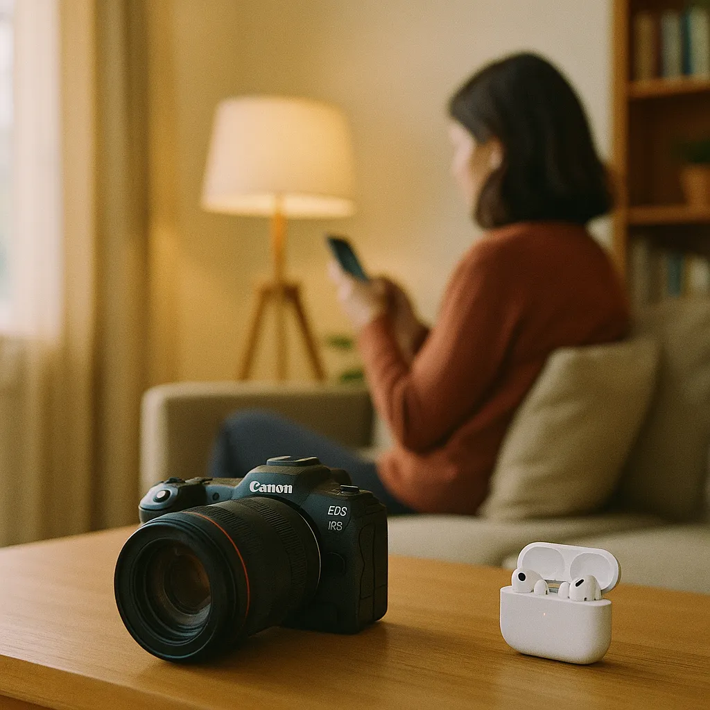 A modern home interior featuring Camera, cameras, related to a technology company's Camera-Equipped AirPods Reach Advance