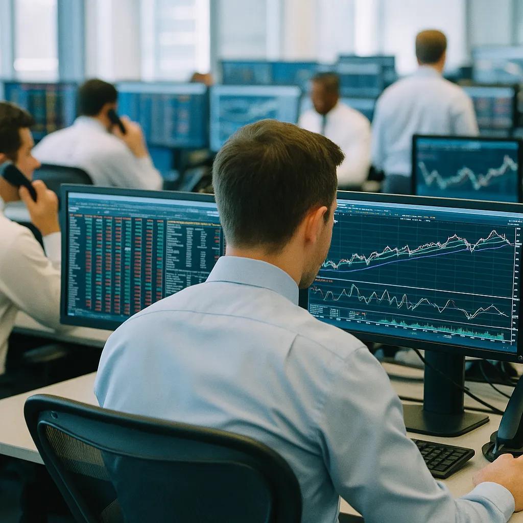 A financial trading floor related to Augustus Debuts as the World's First AI-Native Clearing Bank