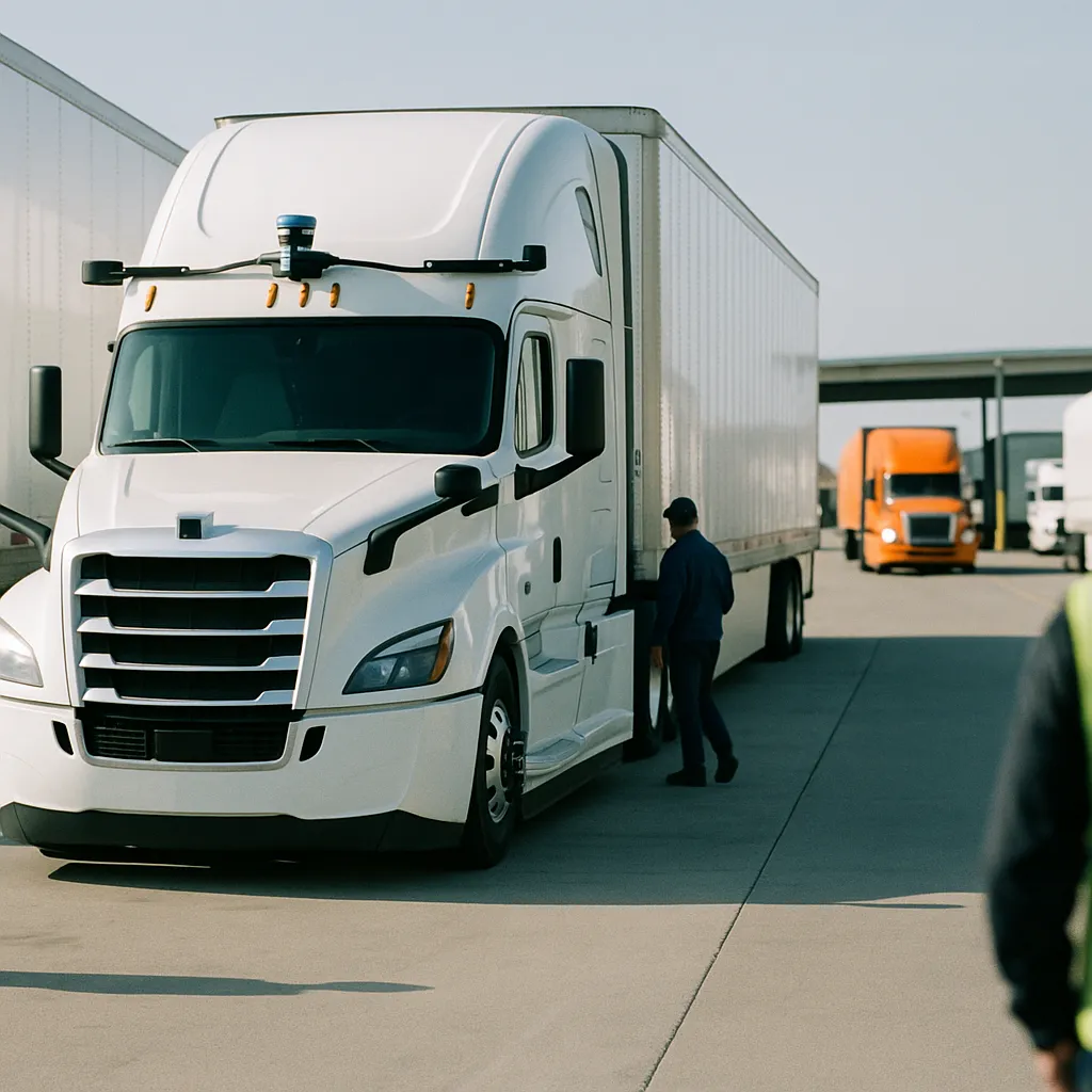 A transportation hub featuring Trucks, trucks, related to AV Trucks Will Undercut Human Drivers on Cost by 2028 from an unusual angle or perspective