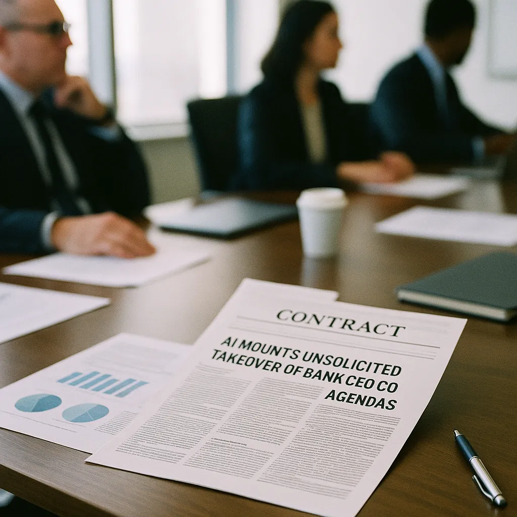 A boardroom featuring documents, contract, related to AI Mounts Unsolicited Takeover of Bank CEO Agendas