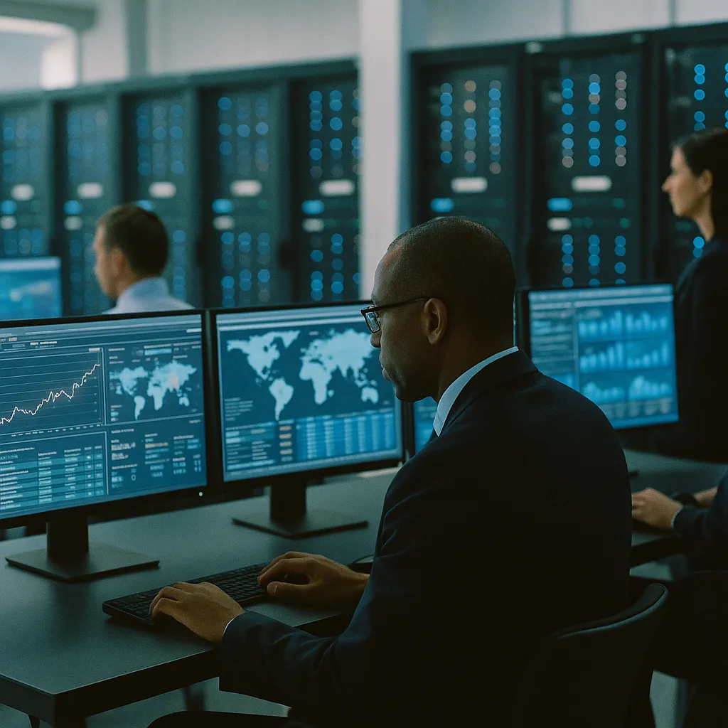 A data center featuring monitors, data center, related to Bank CEOs' AI Ambitions Collide With Warnings From Global Fi