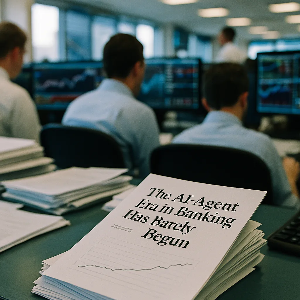 A financial trading floor featuring documents, document, related to The AI-Agent Era in Banking Has Barely Begun from an unusual angle or perspective