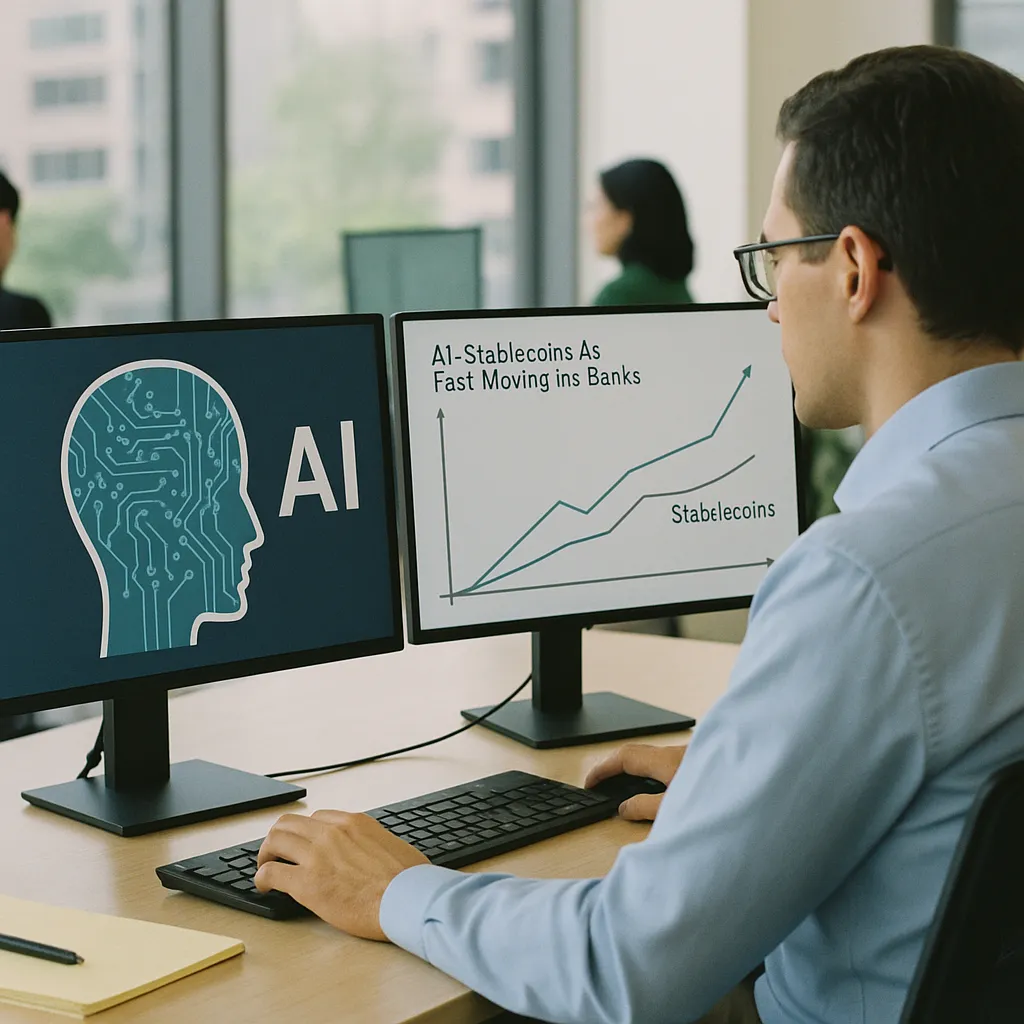 A office where a person is operating related to AI and Stablecoins Are Both Moving Faster Inside Banks Than 
