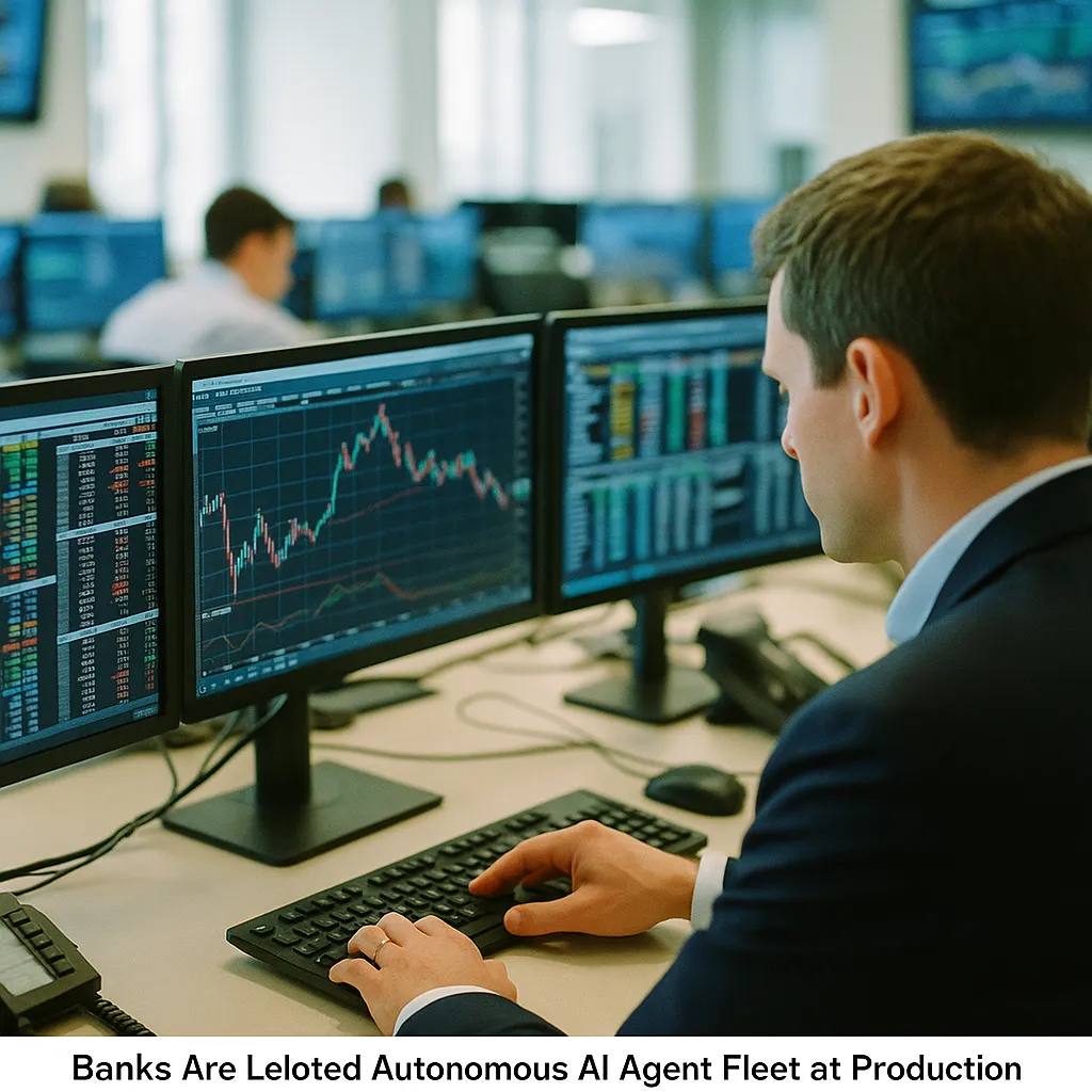 A financial trading floor where a person is Deploying related to Banks Are Deploying Autonomous AI Agent Fleets at Production