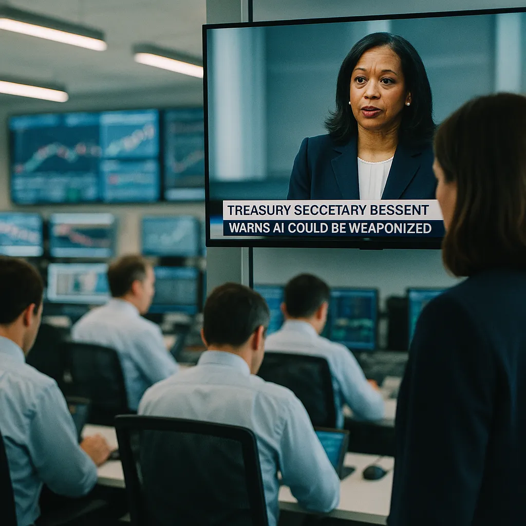 A financial trading floor featuring shelf, related to Treasury Secretary Bessent Warns AI Could Be Weaponized to H from an unusual angle or perspective