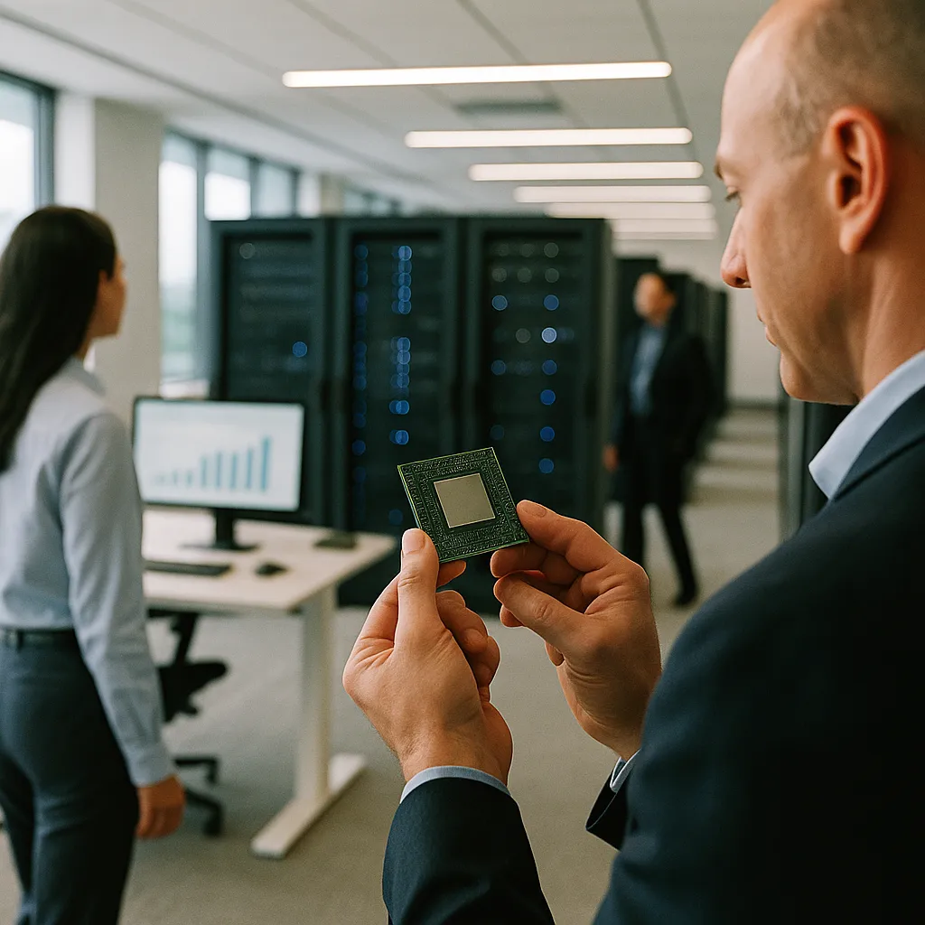 A modern corporate office featuring data centers, chips, related to Bezos Dismisses AI Bubble Fears: Even If It Bursts, the Inve from an unusual angle or perspective