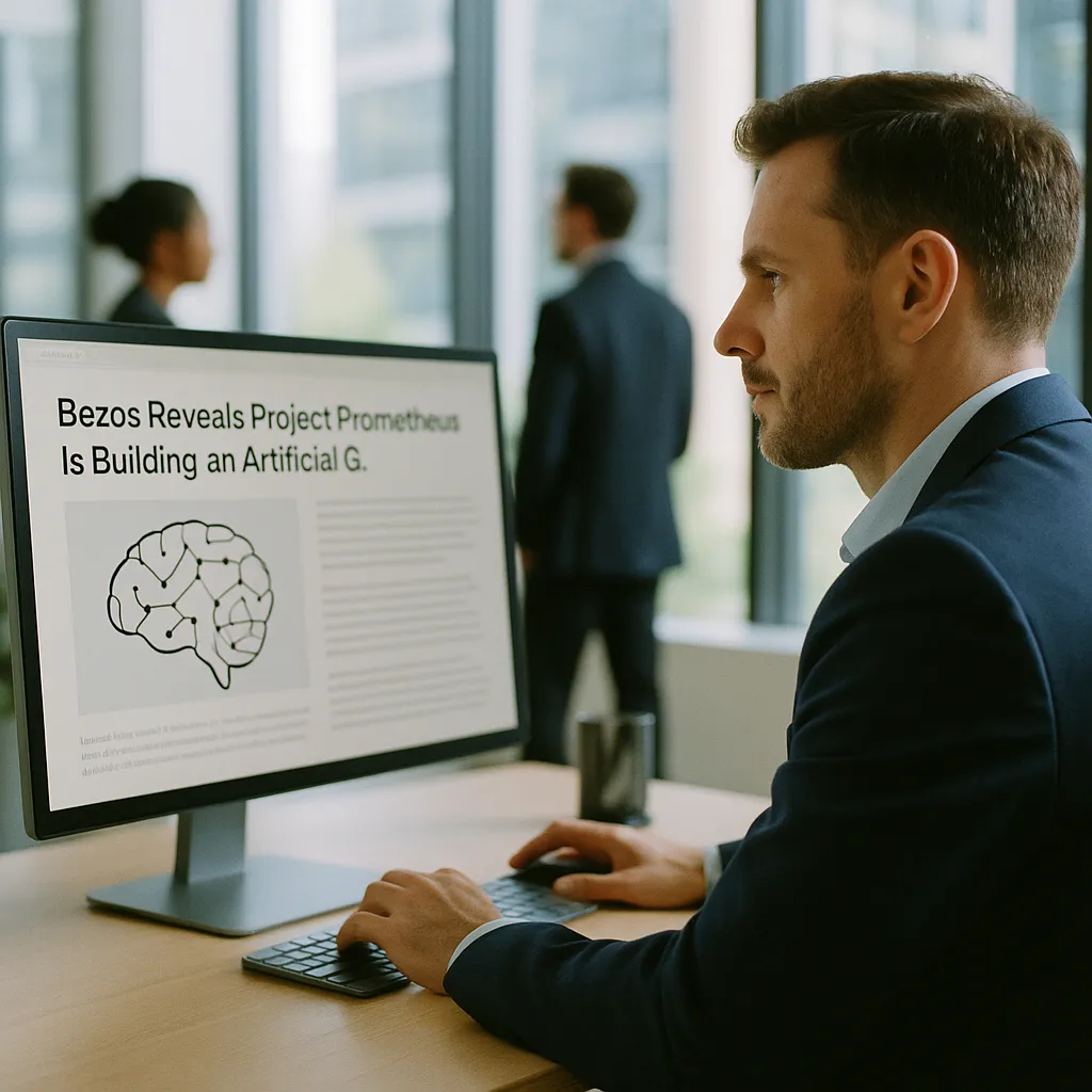 A modern corporate office where a person is Building related to Bezos Reveals Project Prometheus Is Building an Artificial G