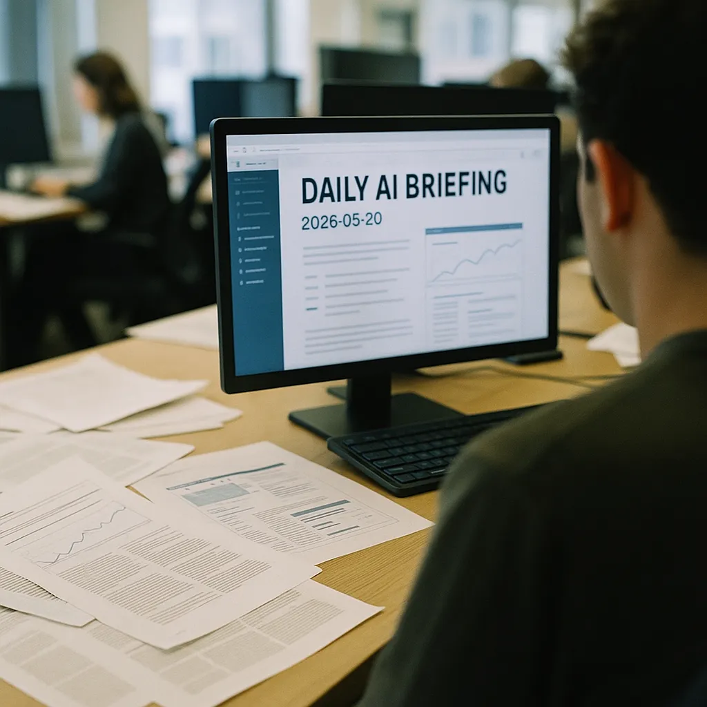 A newsroom featuring documents, interface, related to Daily AI Briefing — 2026-05-20 from an unusual angle or perspective