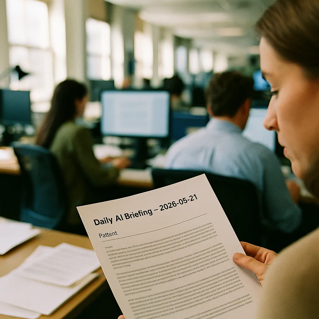 A newsroom featuring document, patient, related to Daily AI Briefing — 2026-05-21 from an unusual angle or perspective