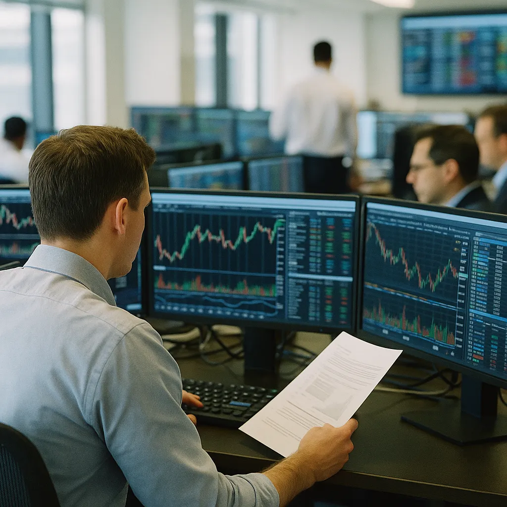 A financial trading floor where a person is deploying related to Cambridge Judge 2026 Global AI Financial Services Report: 52