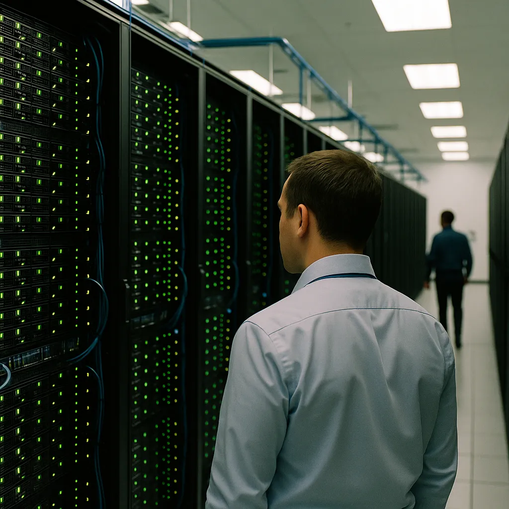 A data center featuring Data Center, data centers, related to AI Data Center Land Rush Is Remaking CBRE Into an Infrastruc from an unusual angle or perspective