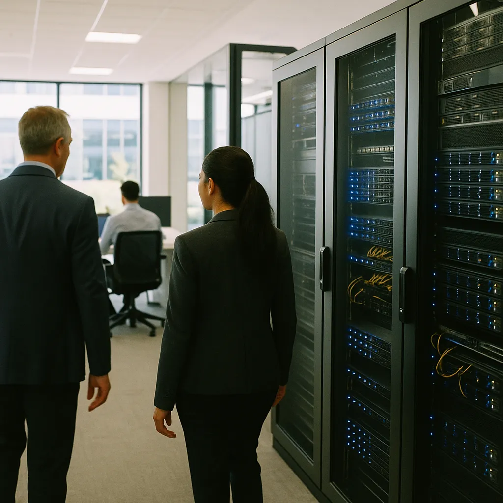 A modern corporate office featuring data centers, related to Cisco Cuts 4,000 Jobs as AI Infrastructure Orders Surge to $ from an unusual angle or perspective