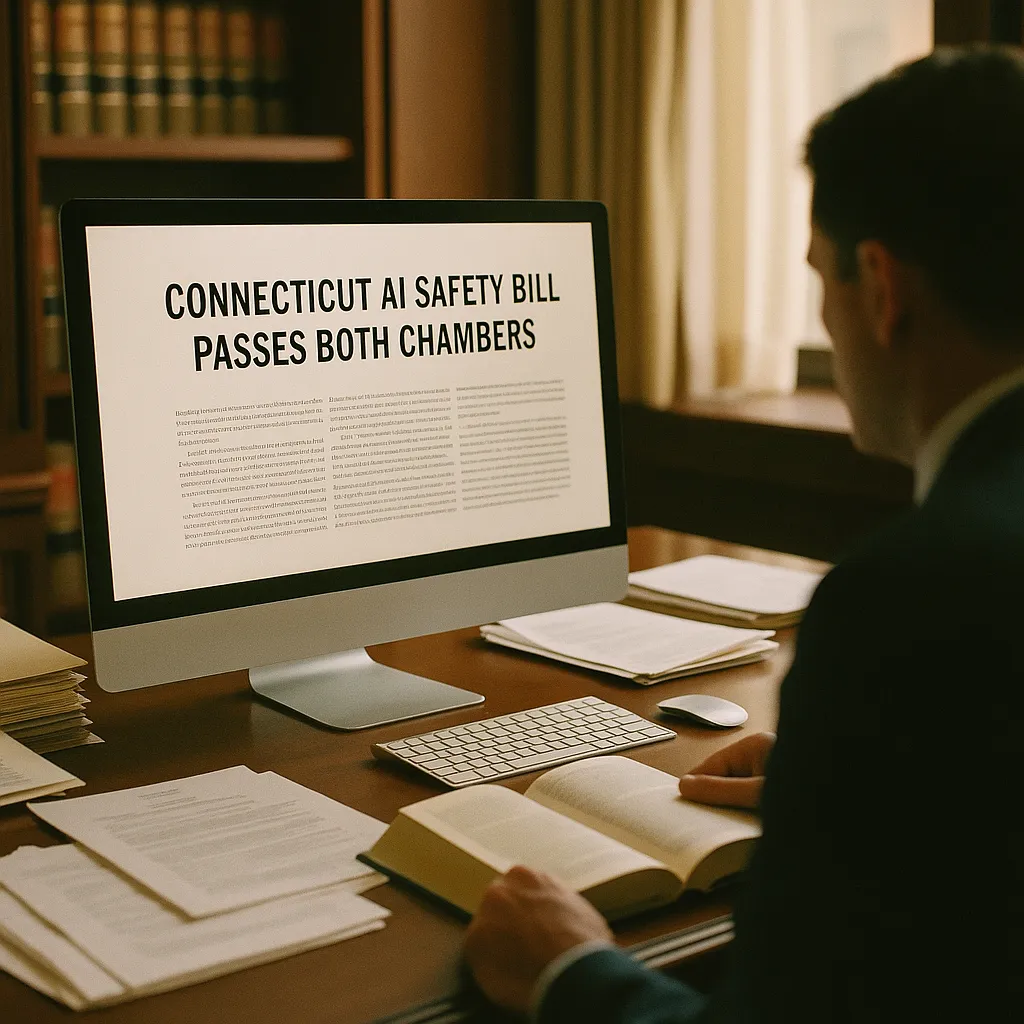 A law office featuring screen, documents, related to Connecticut AI Safety Bill Passes Both Chambers, Covering Ch