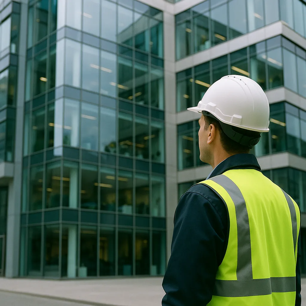 A modern building exterior where a person is Building related to Construction Industry Leans Into AI and Smart Building Tech 