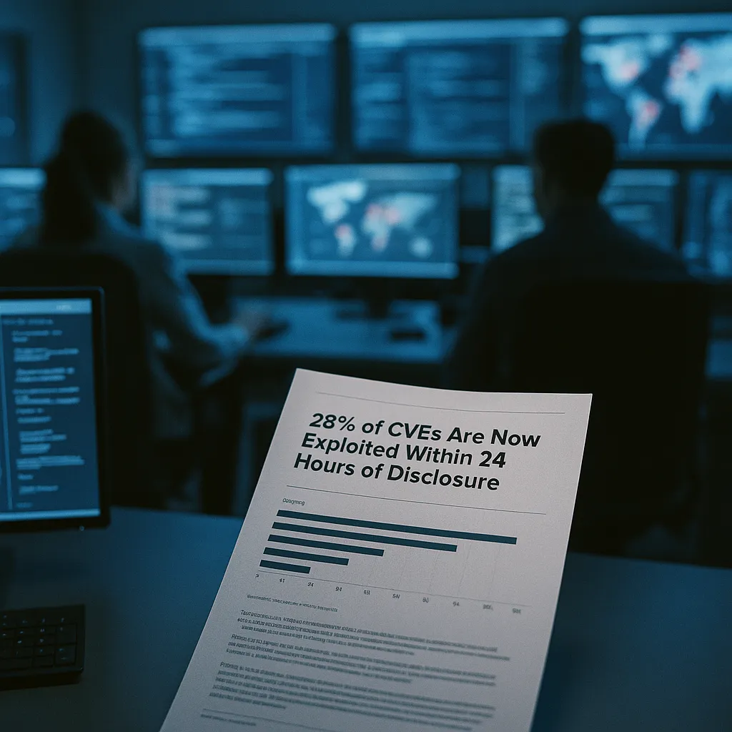 A cybersecurity operations center featuring documents, related to 28% of CVEs Are Now Exploited Within 24 Hours of Disclosure  from an unusual angle or perspective