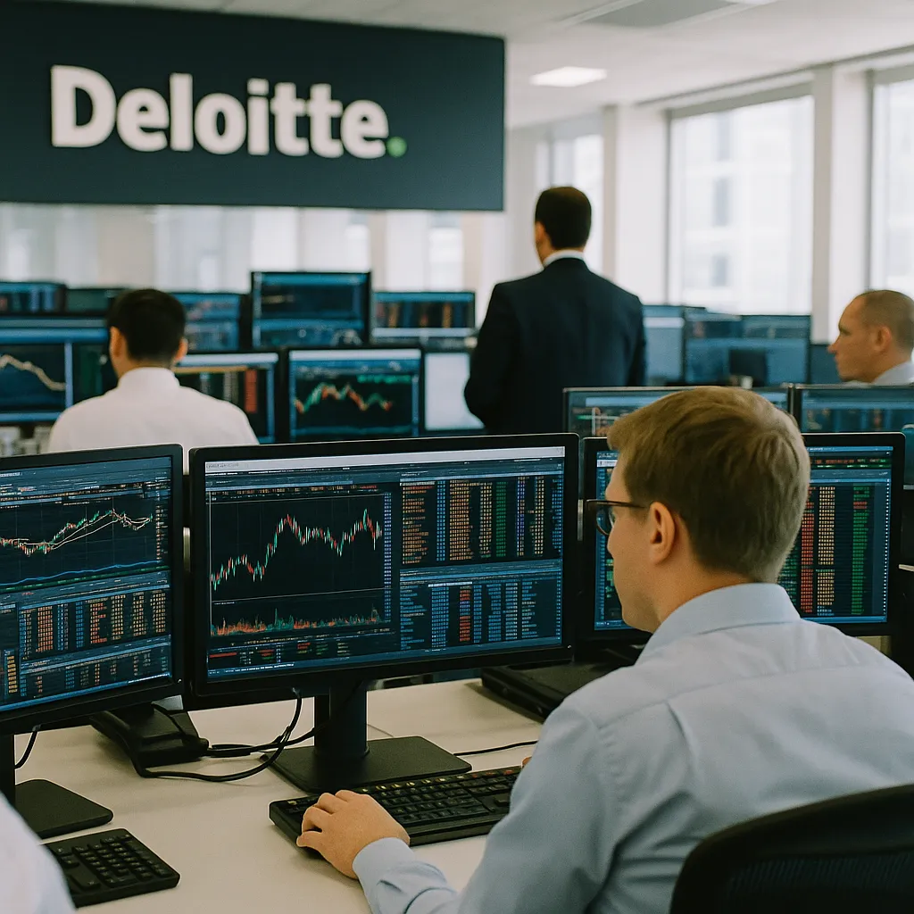 A financial trading floor related to Deloitte: AI Is Driving 'Structural Reinvention'—Not Increme