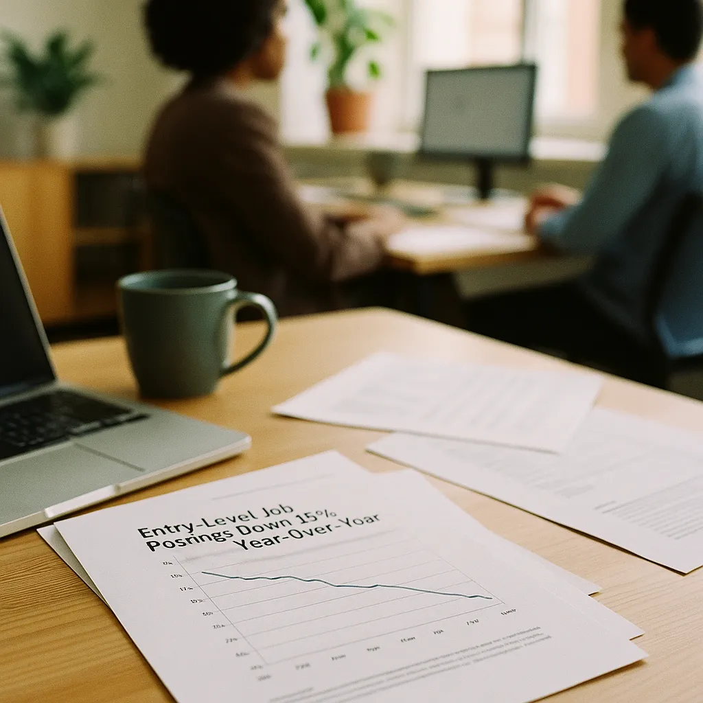 A modern workplace featuring documents, Document, related to Entry-Level Job Postings Down 15% Year-Over-Year as AI Absor