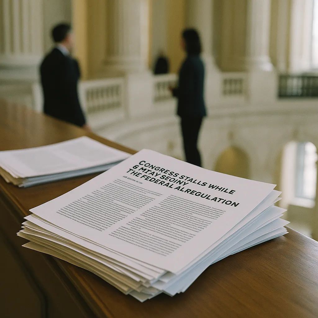 A government building interior featuring documents, related to Congress Stalls While States Sprint: The Federal AI Regulati from an unusual angle or perspective