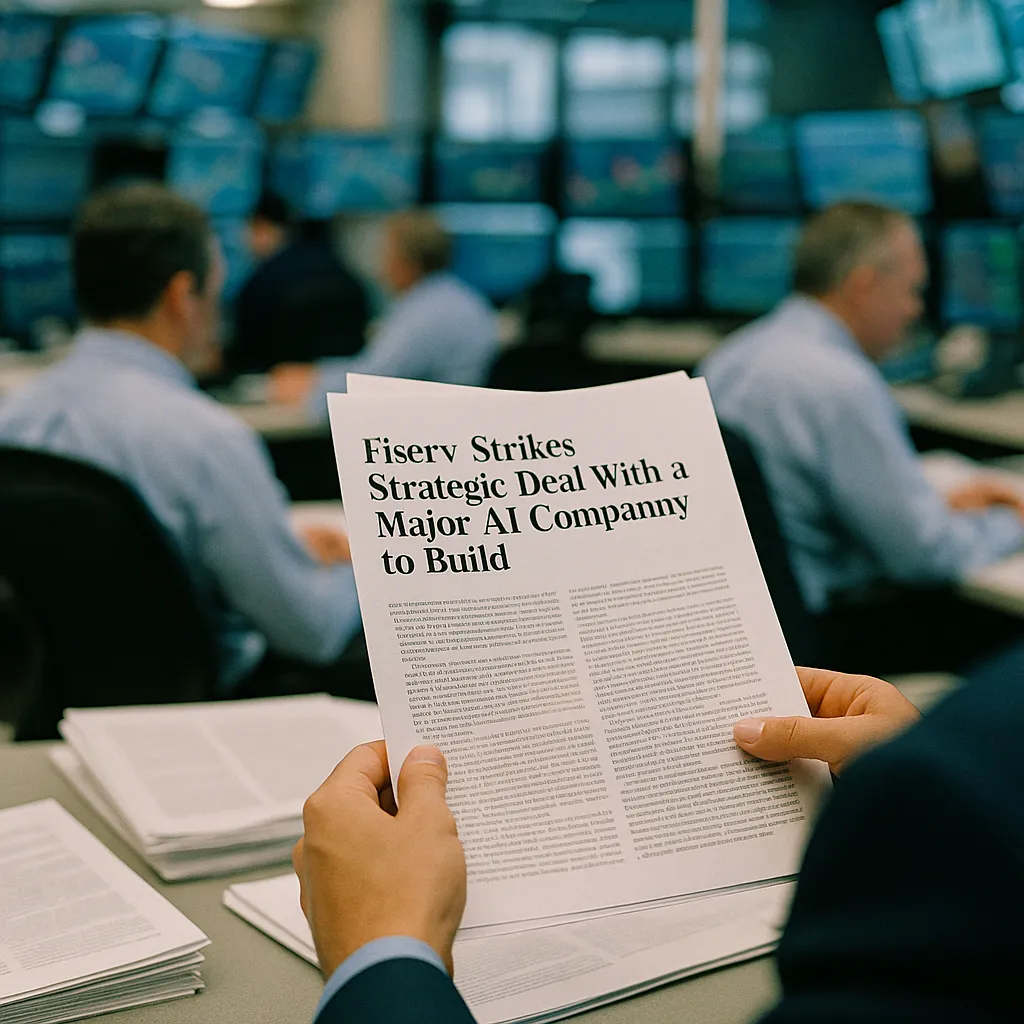 A financial trading floor featuring document, documents, related to Fiserv Strikes Strategic Deal With a major AI company to Bui from an unusual angle or perspective