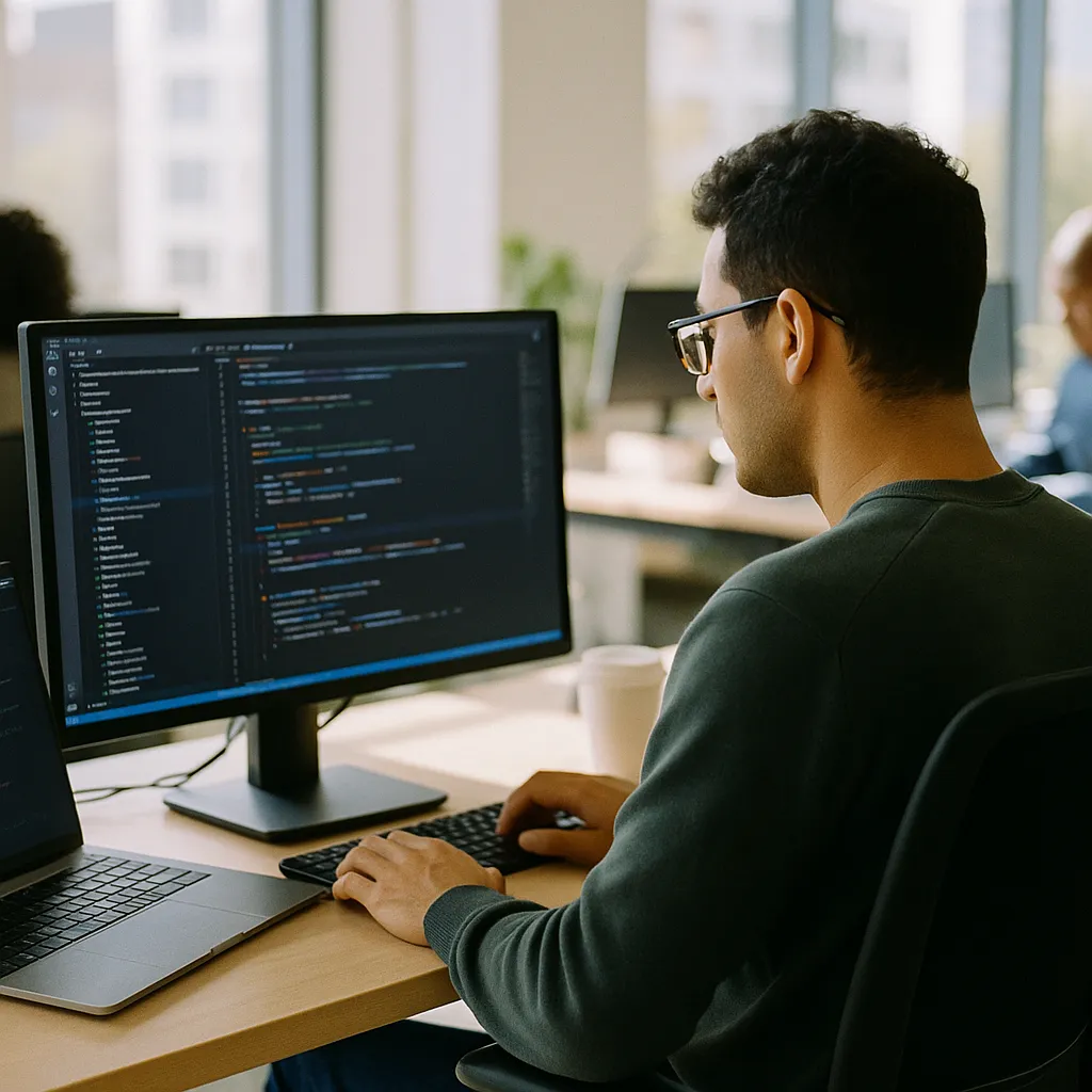 A modern workplace where a person is coding related to AI Now Writes More Than Half the Company's Code
