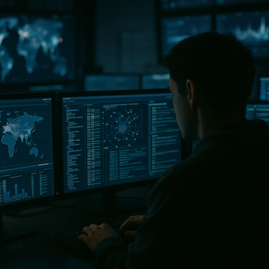 A cybersecurity operations center where a person is scanning related to Frontier AI Models Are Finding Vulnerabilities Faster Than S