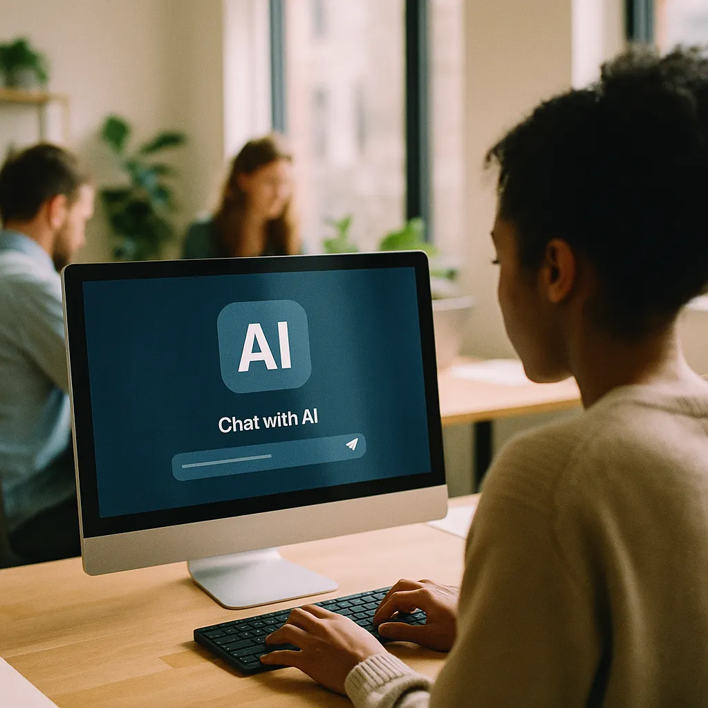 A modern workplace featuring interface, related to Milestone Crossed: Half of All U.S. Workers Now Use AI on th
