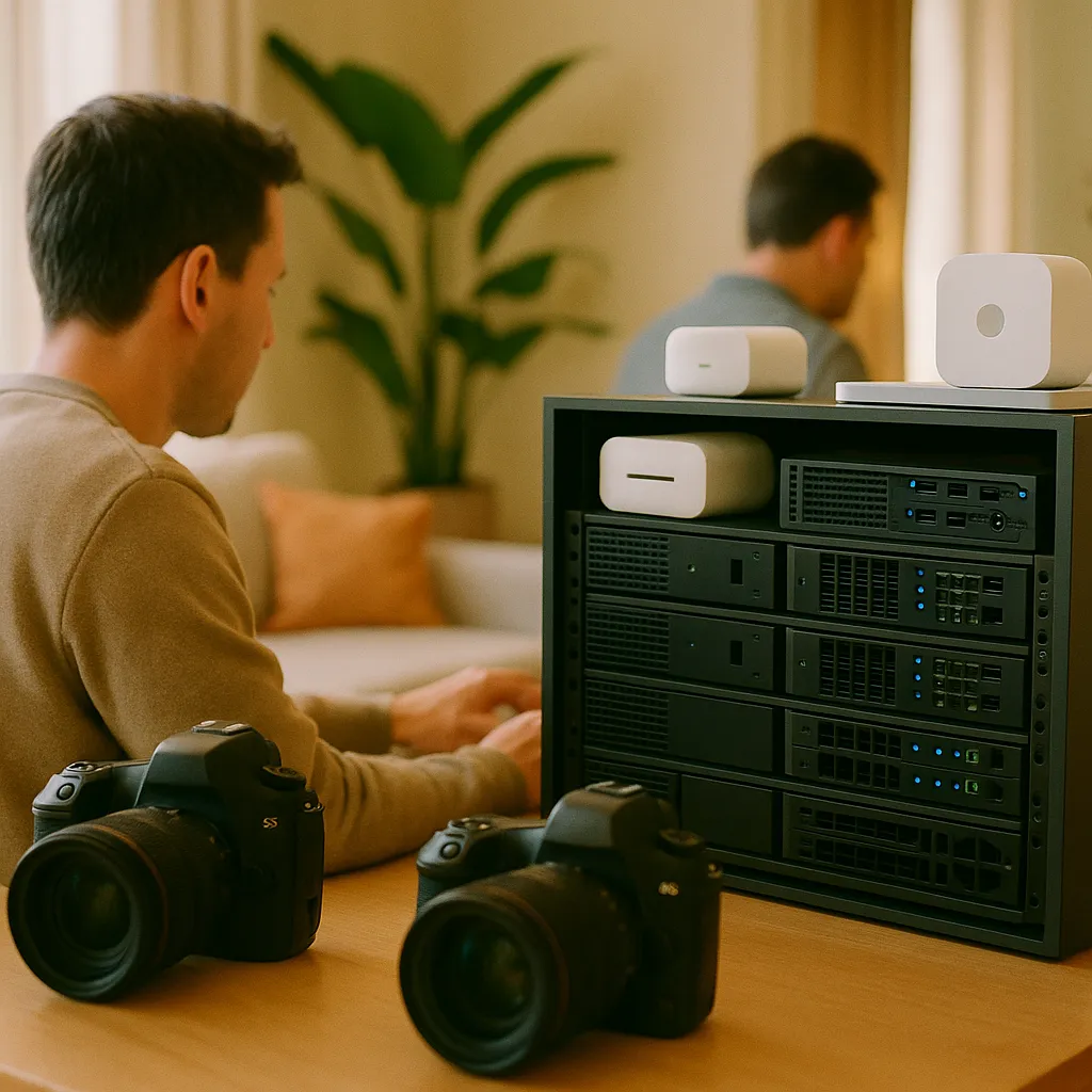 A modern home interior featuring cameras, servers, related to a major tech company Opens an AI model AI to Third-Party Sma