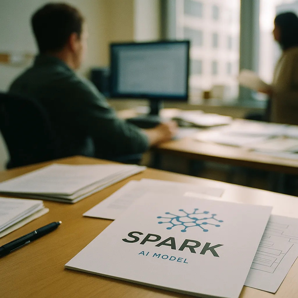 A office featuring documents, related to an AI model Spark Is a major tech company's Bid for the Agen
