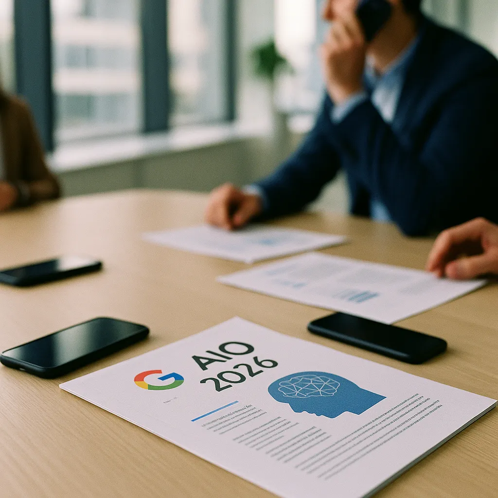 A modern corporate office featuring phones, documents, related to a major tech company I/O 2026: an AI model a technology comp