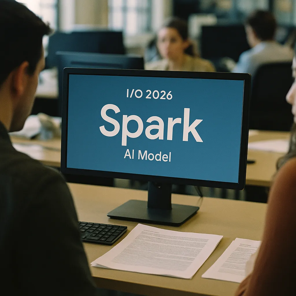 A newsroom featuring monitor, contract, related to a major tech company I/O 2026: an AI model Spark Debuts as a