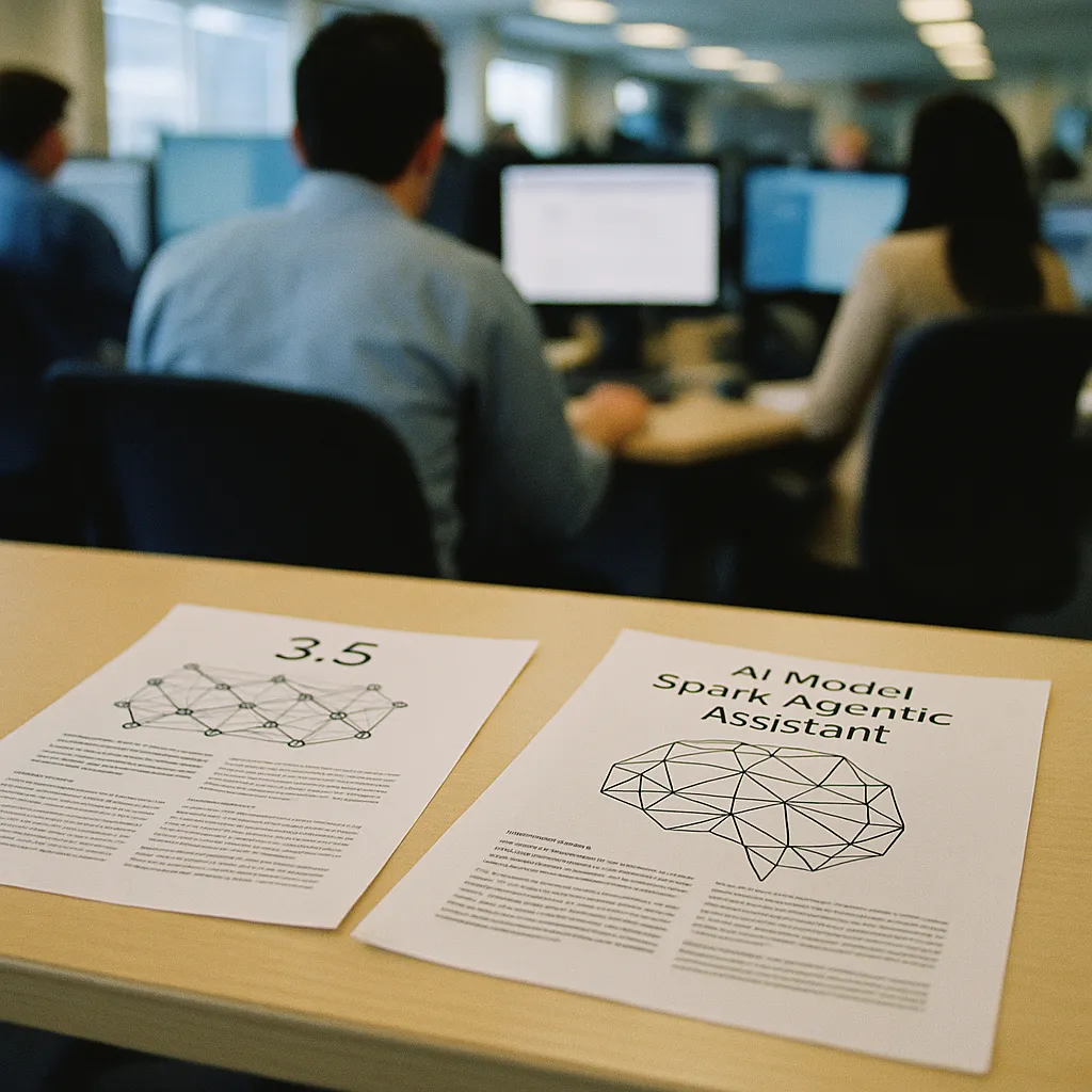 A newsroom featuring documents, document, related to an AI model 3.5 Flash and an AI model Spark Agentic Assistan from an unusual angle or perspective
