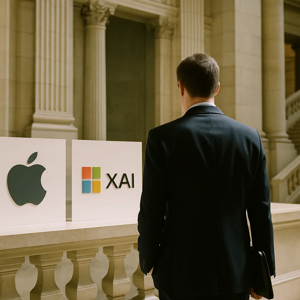 A government building interior where a person is operating related to a major tech company, a major software company, and xAI Agre from an unusual angle or perspective