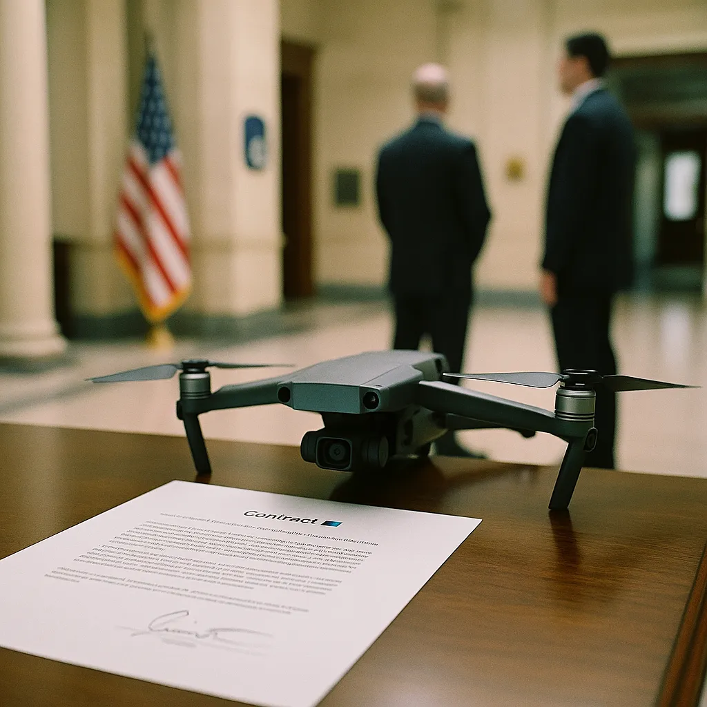 A government building interior featuring contract, drone, related to a major tech company Signed a Classified Pentagon AI Deal. 6 from an unusual angle or perspective