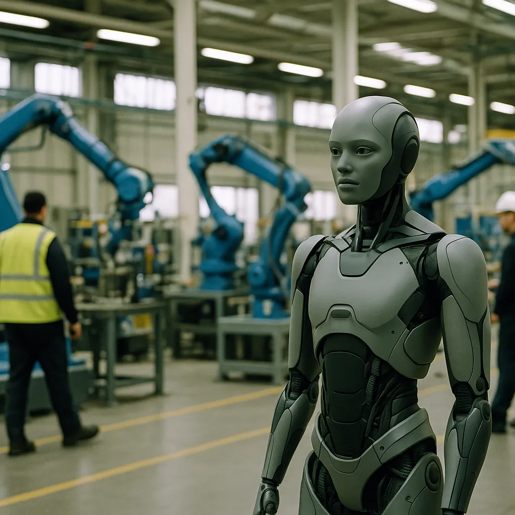 A factory floor featuring Robots, Robot, related to UK Startup Humanoid Locks In Deal to Deploy 2,000 Robots Acr