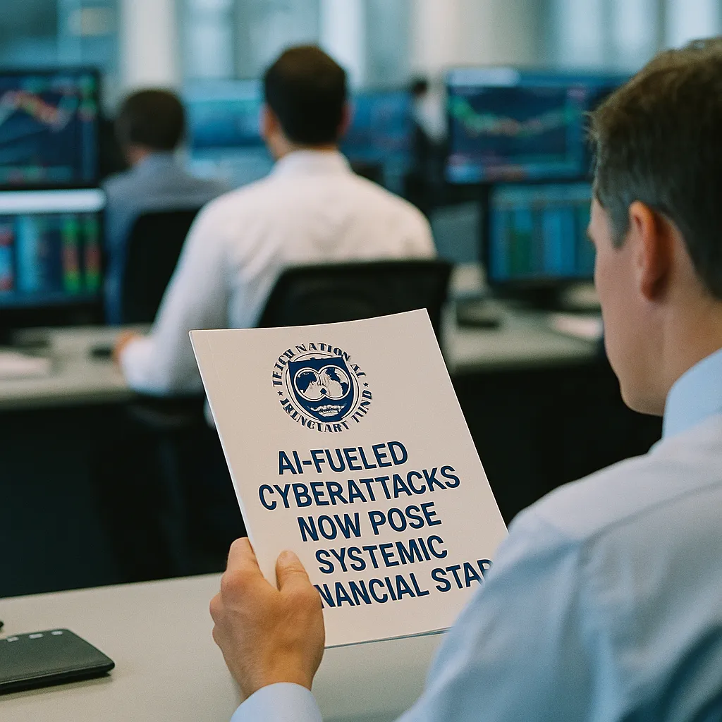 A financial trading floor where a person is building related to IMF: AI-Fueled Cyberattacks Now Pose Systemic Financial Stab