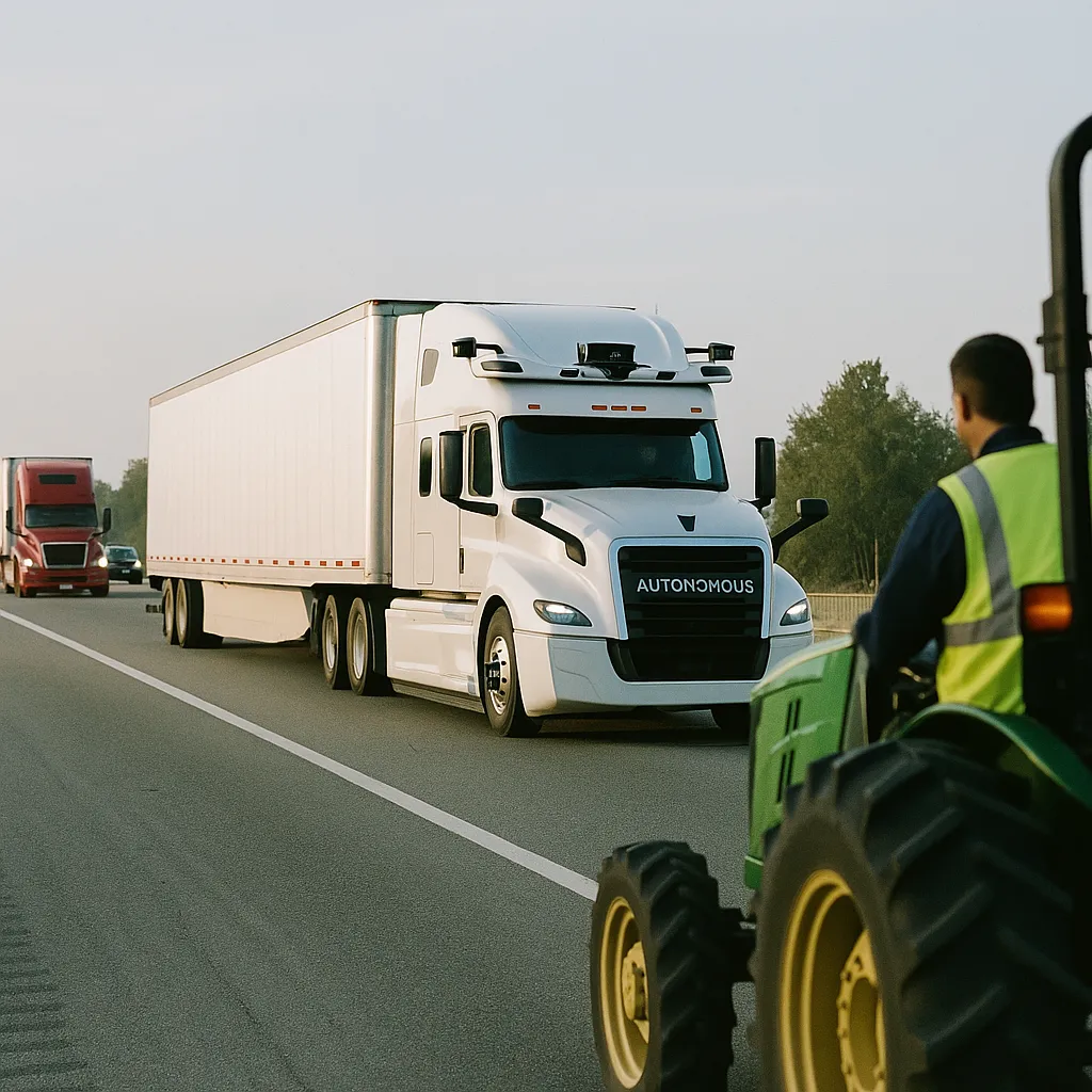 A highway featuring trucks, tractor, related to Berkshire's McLane Begins Commercial Autonomous Freight Runs
