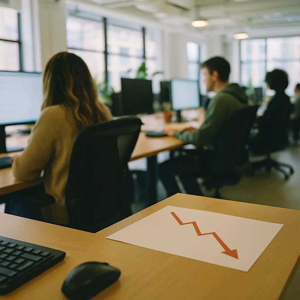A modern workplace related to a social media company Slashes 8,000 Jobs in AI Pivot as Tec from an unusual angle or perspective