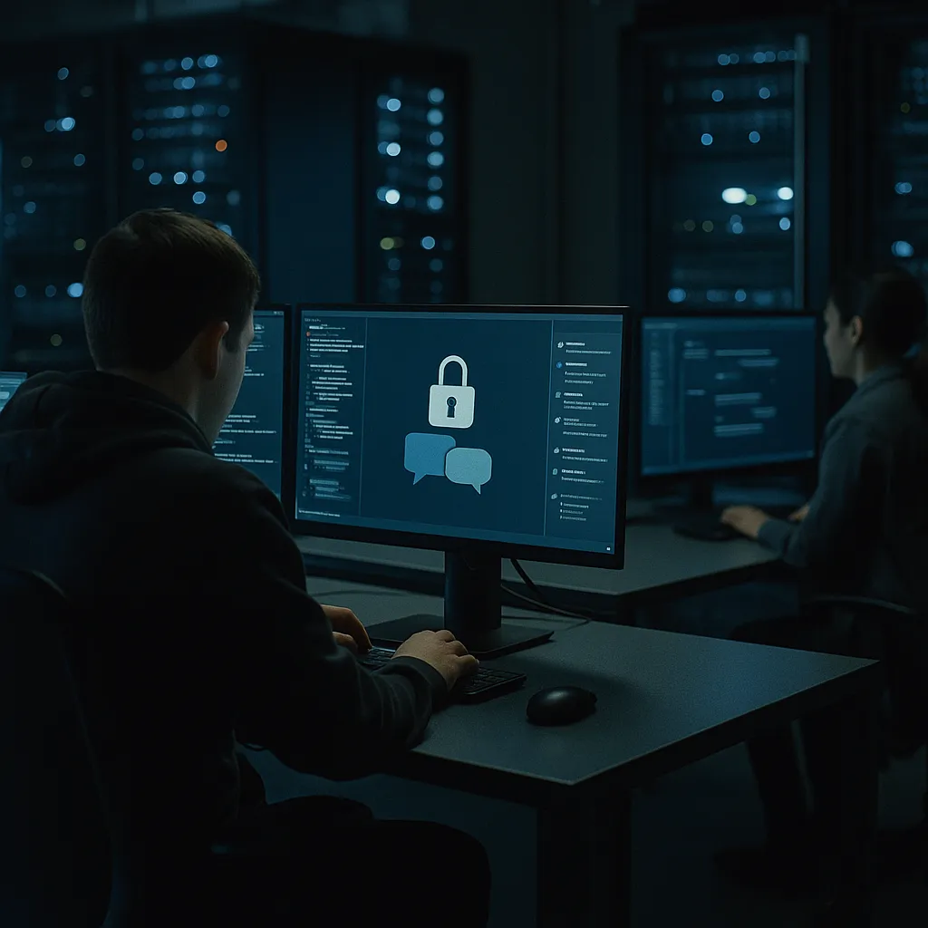 A cybersecurity operations center featuring servers, server, related to End-to-End Encrypted Incognito Chat for Private AI Conversat