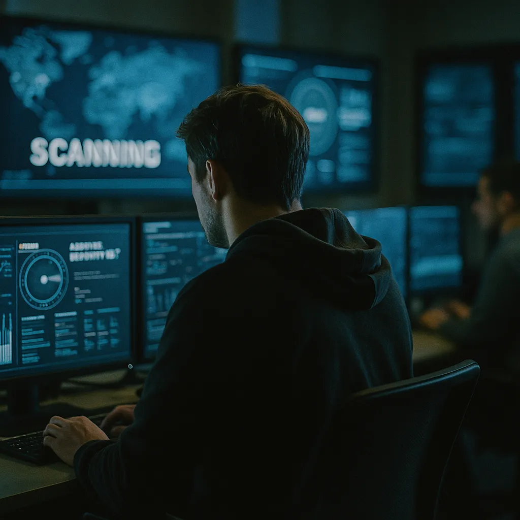 A cybersecurity operations center where a person is Scanning related to a major software company's MDASH Agentic Security System Set