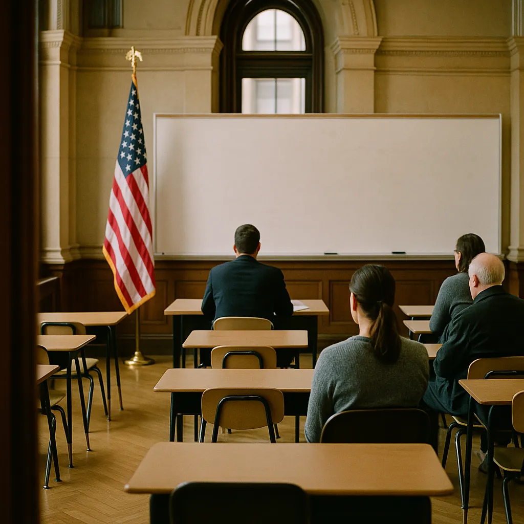 A government building interior featuring classroom, whiteboards, related to NYC Parents Demand Two-Year AI Moratorium in Schools at Seve from an unusual angle or perspective