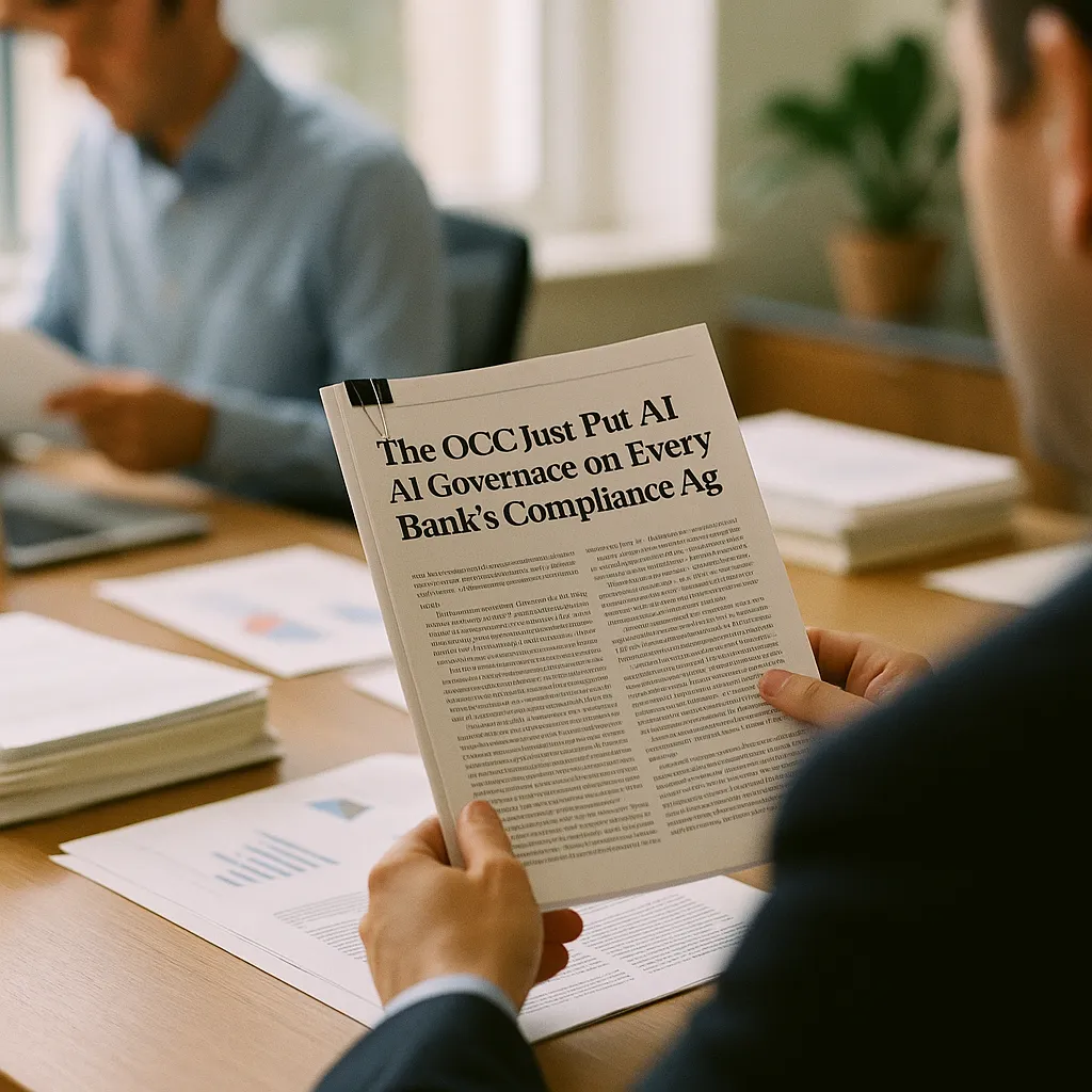 A Office featuring documents, related to The OCC Just Put AI Governance on Every Bank's Compliance Ag