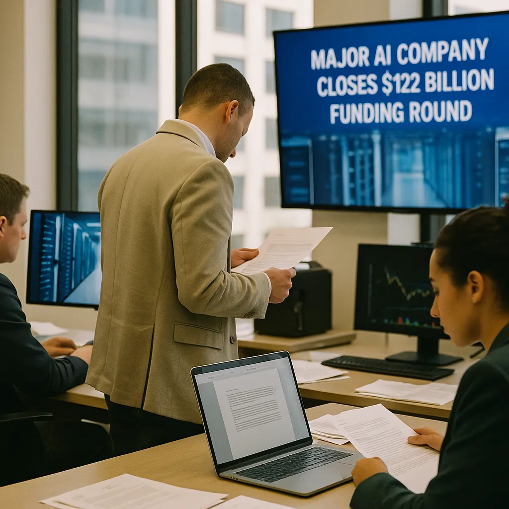 A newsroom featuring data centers, contracts, related to a major AI company Closes $122 Billion Funding Round to Acce