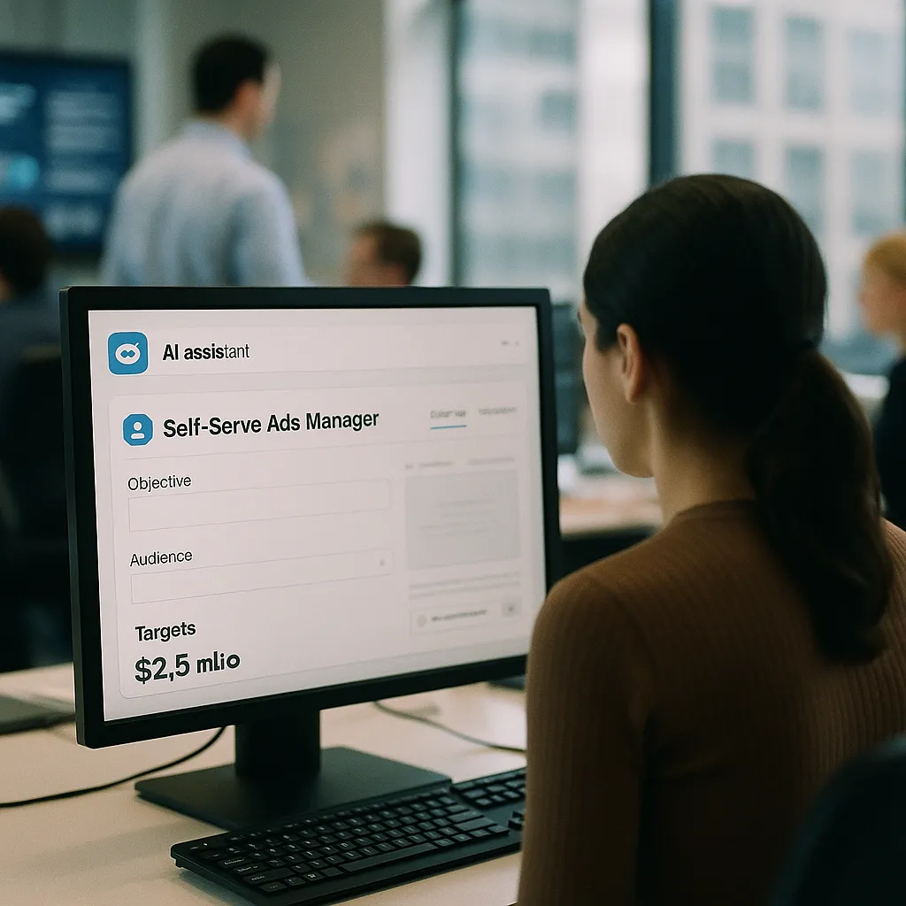 A newsroom featuring interface, display, related to Self-Serve Ads Manager Inside an AI assistant, Targets $2.5 