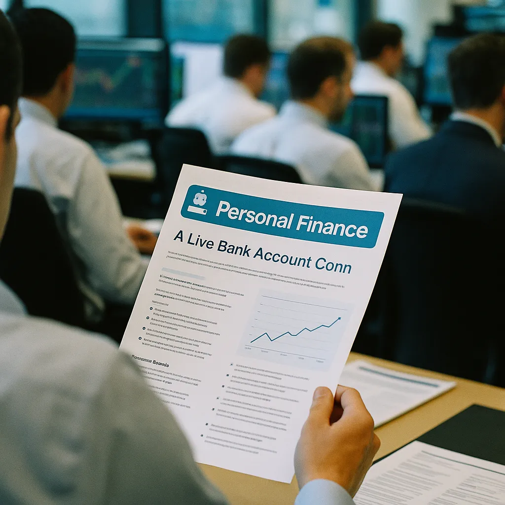 A financial trading floor featuring documents, related to an AI assistant Personal Finance with Live Bank Account Conn from an unusual angle or perspective