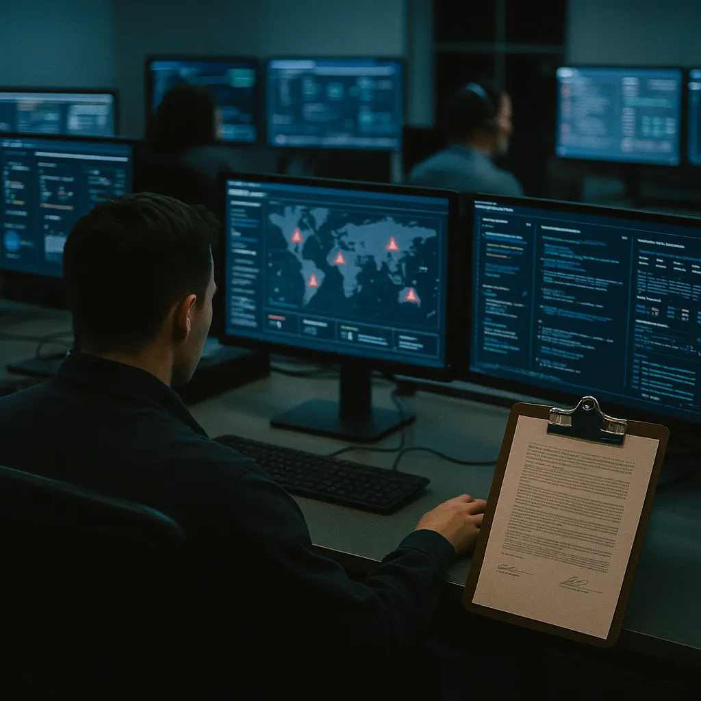 A cybersecurity operations center featuring contract, related to Daybreak, an AI-Powered Cybersecurity Platform to Detect and from an unusual angle or perspective