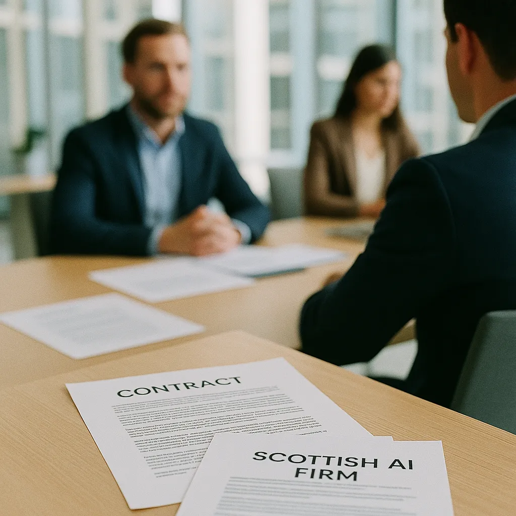 A modern corporate office featuring contracts, related to $4 Billion Deployment Company, Acquires Scottish AI Firm Tom