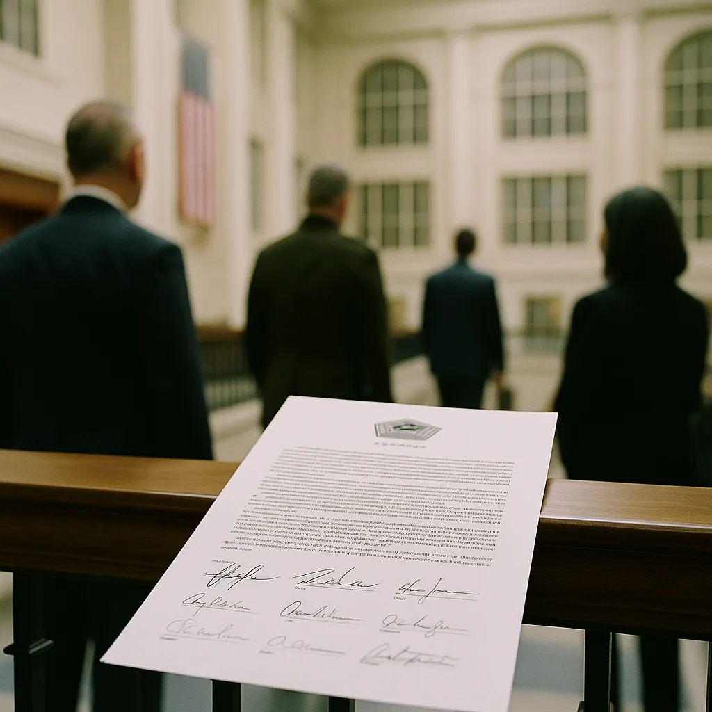 A government building interior featuring contracts, related to Pentagon Strikes AI Deals With Seven Big Tech Firms, Locks O from an unusual angle or perspective