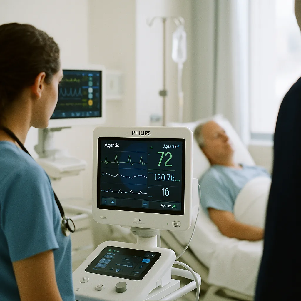 A medical facility featuring monitors, patient, related to Philips: Agentic Clinical AI and Ambient a technology compan